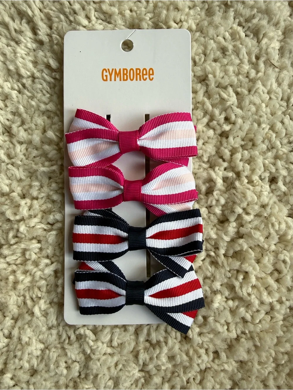 Gymboree set of 4 striped bow hair clips Pink white and Red white Navy strip